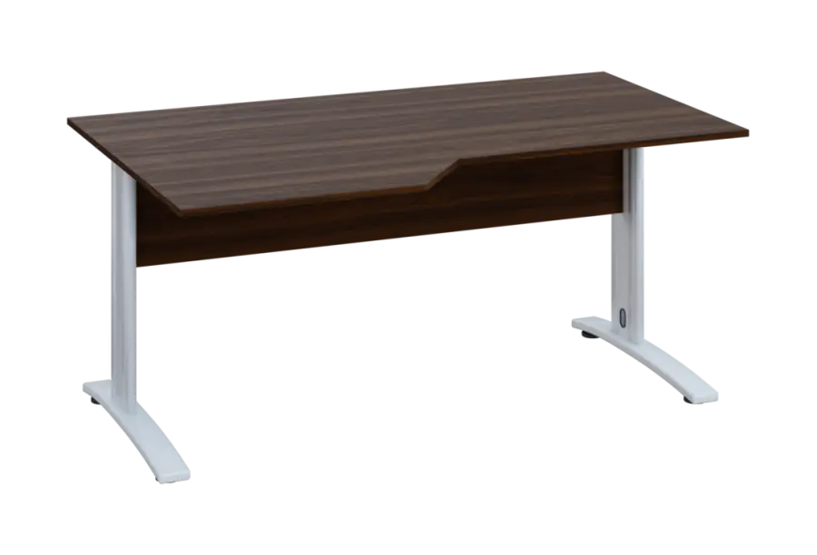 EZK 18 - 166 stůl kancelářský, rohový, levý, kovová podnož bílá, deska 18 mm, široký 1600 mm, ořech královský